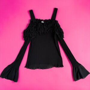 Kaelyn Max Long Sleeve Fringe Fluff Black Top 2X Whimsigoth Dark Fairy Romantic